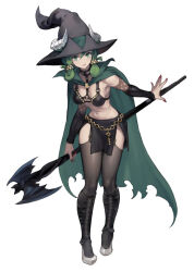 Rule 34 | 1girl, breasts, cleavage, cloak, fake horns, full body, green cloak, green eyes, green hair, hat, holding, holding staff, horned headwear, horns, long hair, medium breasts, nail polish, navel, noma takafumi, official art, revealing clothes, skirt, solo, staff, standing, third-party source, unicorn overlord, witch hat, yahna (unicorn overlord)