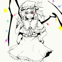 Rule 34 | 1girl, ascot, back bow, bow, brooch, collared shirt, cowboy shot, flandre scarlet, frilled shirt collar, frilled skirt, frills, hair between eyes, hand on own hip, hat, jewelry, looking at viewer, medium hair, mob cap, multicolored wings, one side up, open mouth, puffy short sleeves, puffy sleeves, red eyes, ribbon-trimmed headwear, ribbon trim, shirt, short sleeves, simple background, skirt, solo, spot color, teeth, touhou, vest, white background, wings, yumi zakura