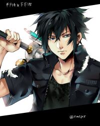 Rule 34 | 1boy, arm up, black hair, black jacket, black shirt, blue eyes, commentary request, copyright name, expressionless, feathers, final fantasy, final fantasy xiv, final fantasy xv, high collar, holding, holding sword, holding weapon, jacket, looking at viewer, male focus, noctis lucis caelum, open clothes, open jacket, over shoulder, shirt, short sleeves, simple background, solo, standing, sword, sword over shoulder, tama (tmfy5), twitter username, upper body, weapon, weapon over shoulder, white background, white feathers, zipper
