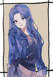 Rule 34 | 1girl, artist request, black shirt, blue eyes, blue hair, blue jacket, braid, breasts, buttons, casual, commentary, fate/stay night, fate (series), forehead, grey skirt, grin, head tilt, highres, jacket, long hair, long sleeves, looking at viewer, medea (fate), medium breasts, official alternate costume, open clothes, open jacket, parted bangs, pocket, pointy ears, purple lips, shirt, side braid, single braid, skirt, smile, solo