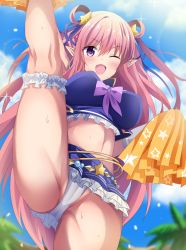 Rule 34 | 1girl, alternate costume, arm up, bikini, blue sky, blurry, blurry background, breasts, bridal garter, cameltoe, cheerleader, cleft of venus, cloud, cowboy shot, crop top, day, groin, groin tendon, hair between eyes, hair ornament, hair ribbon, hair rings, hand up, hatsune (princess connect!), hatsune (summer) (princess connect!), highres, holding, holding pom poms, kneepits, large breasts, long hair, looking at viewer, microskirt, naughty face, navel, one eye closed, open mouth, outdoors, palm tree, panties, pink hair, pointy ears, pom pom (cheerleading), pom poms, princess connect!, purple bikini, purple eyes, purple ribbon, purple skirt, ribbon, shiki (catbox230123), skirt, sky, smile, solo, sparkle, split, standing, standing on one leg, standing split, star (symbol), star hair ornament, star print, sweat, swimsuit, thighs, tree, underwear, v-shaped eyebrows, very long hair, white panties