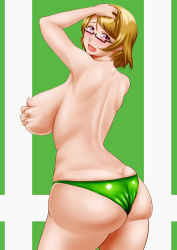 Rule 34 | 10s, 1girl, ass, backboob, blush, grabbing another&#039;s breast, breasts, brown hair, butt crack, curvy, deep skin, from behind, glasses, grabbing, huge ass, huge breasts, koizumi hanayo, looking at viewer, looking back, love live!, love live! school idol project, mature female, nishi kotobuki, open mouth, panties, plump, purple eyes, shiny skin, short hair, solo, striped, striped background, thick thighs, thighs, topless, underwear, wide hips
