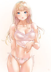 Rule 34 | 1girl, :o, arm behind back, blue eyes, blush, bow, bow panties, bracelet, camisole, clothes lift, earrings, floral print, flower earrings, gradient background, highres, jewelry, koji (kojikojimdw), lifting own clothes, light brown hair, lipstick, long hair, looking at viewer, makeup, nail polish, navel, navel piercing, necklace, original, panties, parted lips, piercing, pink bow, pink camisole, pink panties, shirt lift, side-tie panties, signature, solo, string panties, thighs, underwear, underwear only