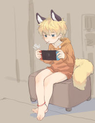 Rule 34 | 1boy, absurdres, animal ears, barefoot, blonde hair, blue eyes, bokustar fox, chinese text, fox boy, fox ears, fox tail, full body, game console, handheld game console, highres, hood, hoodie, indoors, male focus, nintendo, nintendo switch, original, playing games, sitting, solo, tail