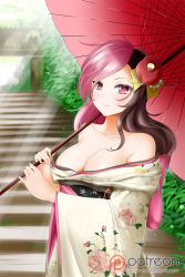 Rule 34 | 1girl, alternate costume, areola slip, bare shoulders, blush, breasts, breasts out, brown eyes, brown hair, cleavage, floral print, flower, hair flower, hair ornament, heterochromia, highres, japanese clothes, kimmy77, kimono, kimono pull, large breasts, long hair, looking at viewer, multicolored hair, neo politan, obi, off shoulder, oil-paper umbrella, open clothes, open kimono, patreon logo, patreon username, pink eyes, pink hair, rwby, sash, smile, solo, split-color hair, stairs, umbrella, upper body, watermark, web address, wide sleeves, yukata