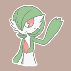 Rule 34 | 1girl, annoyed, arm at side, averting eyes, blush, bob cut, brown background, closed mouth, colored skin, creatures (company), cropped torso, female focus, flat chest, flat color, fuka umi hotaru, game freak, gardevoir, gen 3 pokemon, green hair, green skin, hair over one eye, hand up, looking to the side, multicolored skin, nintendo, one eye covered, outline, pokemon, pokemon (creature), red eyes, short hair, simple background, solo, standing, two-tone skin, upper body, waving, wavy mouth, white outline, white skin