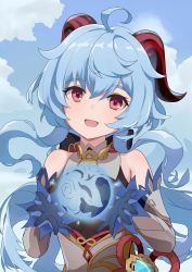 Rule 34 | 1girl, absurdres, ahoge, bare shoulders, bell, blue gloves, blue hair, blush, detached sleeves, ganyu (genshin impact), genshin impact, gloves, highres, horns, long hair, looking at viewer, nadei ru, neck bell, open mouth, orb, purple eyes, qilin (mythology), sidelocks, smile, solo, upper body, vision (genshin impact), white sleeves