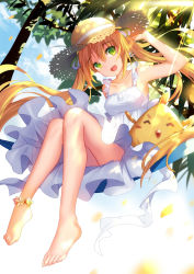 Rule 34 | 10s, 1girl, :d, ^ ^, anklet, armpits, barefoot, beak, bird, bison cangshu, blonde hair, blue sky, branch, closed eyes, cloud, collarbone, day, dress, eyebrows, feet, flower anklet, frilled dress, frills, green eyes, green ribbon, hair between eyes, hat, hayakawa kokona, highres, holding, holding clothes, holding hat, idol memories, jewelry, knees together feet apart, leaf, legs, light rays, long hair, open mouth, petals, plant, ribbon, sitting, sky, smile, solo, straw hat, sundress, teeth, toes, tree, twintails, white dress, white ribbon