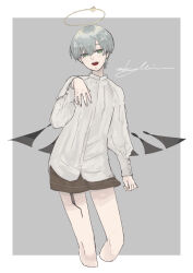 Rule 34 | 1boy, :d, absurdres, arene (arknights), arknights, brown shorts, cropped legs, green eyes, grey background, grey hair, hair between eyes, halo, hand up, highres, kaprice, long sleeves, looking at viewer, male focus, open mouth, puffy long sleeves, puffy sleeves, shirt, short shorts, shorts, smile, solo, twitter username, two-tone background, white background, white shirt
