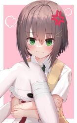Rule 34 | 1girl, :t, puff of air, absurdres, anger vein, angry, blush, border, brown hair, closed mouth, collared shirt, commentary, crossed arms, eyes visible through hair, green eyes, hair between eyes, highres, holding, holding stuffed toy, looking at viewer, mamiya hasaki, nodoameyatou, pink background, pout, school uniform, shirt, short hair, short sleeves, simple background, solo, straight hair, stuffed animal, stuffed rabbit, stuffed toy, subarashiki hibi, sweater vest, upper body, upturned eyes, wavy mouth, white border, white shirt, yellow sweater vest