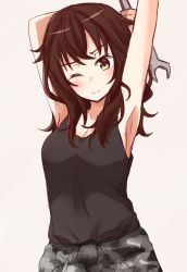 Rule 34 | 1girl, absurdres, arm behind head, armpits, arms up, bad id, bad pixiv id, bare arms, bare shoulders, beige background, black tank top, blush, breasts, brown eyes, brown hair, camouflage, cleavage, high school fleet, highres, holding, holding wrench, kapatarou, kuroki hiromi, medium breasts, solo, stretching, tank top, wrench
