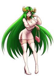 Rule 34 | absurdres, alternate costume, bag, boots, breast hold, breasts, cleavage, contemporary, crown, dress, full body, green eyes, green hair, hair ornament, handbag, high heel boots, high heels, highres, jewelry, kid icarus, kid icarus uprising, large breasts, long hair, long sleeves, necklace, nintendo, palutena, side slit, super smash bros., thigh boots, thighhighs, very long hair, white dress, will (willanator93)