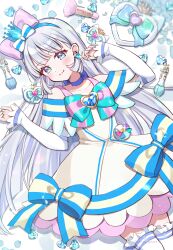 Rule 34 | 1girl, absurdres, aqua bow, aqua bowtie, bare shoulders, blue bow, blue choker, blue crown, blue eyes, blue gemstone, blue hairband, blue petals, blush, bottle, bow, bow choker, bow hairband, bow legwear, bowtie, brooch, choker, closed mouth, crown, crown earrings, cure nyammy, dress, dress bow, earrings, elbow gloves, eyelashes, fingerless gloves, frilled thighhighs, frills, gem, gloves, grey hair, hair bow, hairband, happy, heart, heart-shaped gem, heart brooch, highres, hiiragi syuu, jewelry, long hair, looking at viewer, lying, magical girl, makeup brush, nekoyashiki yuki, off-shoulder dress, off shoulder, on back, perfume bottle, petals, pink bow, precure, smile, solo, sparkle, striped bow, stud earrings, thighhighs, white background, white gloves, wispy bangs, wonderful precure!