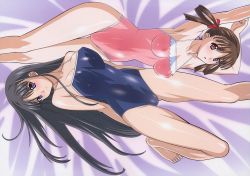 Rule 34 | 00s, 2girls, armpits, arms behind back, arms up, barefoot, black hair, blue eyes, blush, breasts, brown hair, casual one-piece swimsuit, cleavage, competition school swimsuit, covered erect nipples, feet, hairdressing, highres, hip focus, kuroda kazuya, large breasts, long hair, lying, mizushima asa, multiple girls, on back, one-piece swimsuit, red eyes, school swimsuit, shiny clothes, shiny skin, sora no iro mizu no iro, sorayama natsume, swimsuit, thigh gap, thighs, toes, wide hips