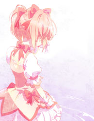 Rule 34 | 10s, 1girl, bow, from behind, gloves, kaname madoka, magical girl, mahou shoujo madoka magica, mahou shoujo madoka magica (anime), nape, pink hair, pink theme, puffy sleeves, short hair, short twintails, shuri (84k), solo, tears, twintails, water, white gloves