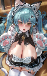 Rule 34 | 1girl, animal ear fluff, animal ears, animal hands, aqua hair, bell, black bow, black bowtie, blush, bow, bowtie, breasts, cat ears, cat paws, cat tail, cleavage, commentary request, goddess of victory: nikke, highres, himonoata, huge breasts, long hair, looking at viewer, maid, maid headdress, neck bell, official alternate costume, open mouth, paw hair ornament, privaty (nikke), privaty (unkind maid) (nikke), shiny skin, skindentation, solo, squatting, tail, thighhighs, twintails, very long hair, white thighhighs, yellow eyes