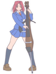 Rule 34 | blazer, double bass, electric double bass, instrument, jacket, necktie, non-web source, red eyes, red hair, school uniform, short hair, skirt, solo