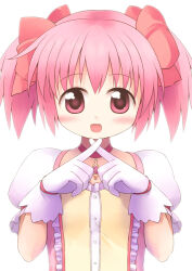 Rule 34 | 1girl, :d, blush, bow, buttons, chest jewel, choker, commentary request, crossed fingers, dress, emurin, flat chest, gloves, hair bow, kaname madoka, magical girl, mahou shoujo madoka magica, mahou shoujo madoka magica (anime), multiple hair bows, open mouth, pink bow, pink dress, pink eyes, pink gemstone, pink hair, puffy short sleeves, puffy sleeves, red choker, short hair, short sleeves, simple background, smile, solo, two side up, upper body, white background, white gloves, white sleeves