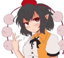 Rule 34 | 1girl, bad hands, black hair, black ribbon, blush, breasts, closed mouth, collared shirt, hat, looking at viewer, one-hour drawing challenge, pointy ears, pom pom (clothes), red eyes, ribbon, shameimaru aya, shirt, simple background, small breasts, tengu, tokin hat, touhou, unfinished, upper body, white background, white shirt, yasui nori