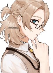 Rule 34 | 1boy, albedo (genshin impact), artist name, blonde hair, brown vest, collared shirt, cosplay, genshin impact, glasses, green eyes, highres, looking at viewer, looking to the side, mihoyo, parted lips, shirt, short sleeves, simple background, snifflesmp4, solo, stethoscope, tears of themis, upper body, vest, vyn richter (tears of themis), vyn richter (tears of themis) (cosplay), white background