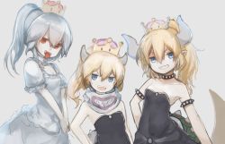 Rule 34 | 3girls, :d, aged down, blonde hair, blue eyes, bowsette, bowsette jr., breasts, cleavage, commentary request, dress, fangs, hachachi, hair between eyes, horns, luigi&#039;s mansion, mario (series), multiple girls, new super mario bros. u deluxe, nintendo, open mouth, pointy ears, princess king boo, red eyes, sharp teeth, smile, super crown, teeth, v-shaped eyebrows, white hair