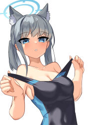 Rule 34 | 1girl, adjusting clothes, adjusting swimsuit, animal ear fluff, animal ears, bcag., black one-piece swimsuit, blue archive, blue eyes, breasts, commentary request, covered navel, grey hair, halo, highres, korean commentary, light blush, looking at viewer, medium breasts, medium hair, mismatched pupils, mixed-language commentary, one-piece swimsuit, parted lips, ponytail, shiroko (blue archive), shiroko (swimsuit) (blue archive), simple background, skin tight, solo, swimsuit, two-tone swimsuit, upper body, white background, wolf ears