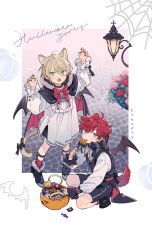 Rule 34 | 2boys, aged down, amagi hiiro, animal ears, bat (animal), bat wings, black bow, black bowtie, black nails, blonde hair, blue eyes, bow, bowtie, buttons, candy, cat boy, cat ears, cat tail, choker, commentary, cross, dog boy, dog ears, dog tail, earrings, ensemble stars!, fingernails, flower, food, full body, green eyes, hair between eyes, halloween costume, happy halloween, jewelry, long sleeves, male focus, multiple boys, open mouth, pink flower, pink rose, red flower, red hair, red rose, rose, seuga, shiratori aira (ensemble stars!), short hair, shorts, silk, single earring, spider web, symbol-only commentary, tail, tongue, tongue out, wings