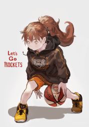 Rule 34 | 1girl, ball, basketball, basketball (object), black hoodie, brown hair, burari, commentary, commentary request, dribbling (basketball), english commentary, english text, full body, highres, hood, hood down, hoodie, houston rockets, long hair, mixed-language commentary, national basketball association, orange shorts, original, ponytail, shoes, shorts, sneakers, solo, streetwear