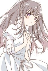 Rule 34 | 1girl, bandaged arm, bandages, character request, copyright request, dress, grey hair, hands on own chest, highres, long hair, namori, open mouth, purple eyes, simple background, solo, upper body, white background, white dress