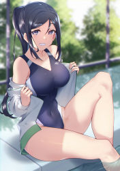 Rule 34 | 1girl, :d, absurdres, bare legs, bare shoulders, black hair, black one-piece swimsuit, blurry, blurry background, blush, breasts, cleavage, collarbone, commentary request, competition swimsuit, depth of field, grin, highres, jacket, knee up, large breasts, long sleeves, love live!, love live! sunshine!!, matsuura kanan, off shoulder, one-piece swimsuit, open clothes, open jacket, open mouth, parted bangs, ponytail, poolside, purple eyes, sidelocks, sitting, smile, soaking feet, solo, swimsuit, swimsuit under clothes, teeth, undressing, water, white jacket, yamaori (yamaorimon)