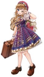 Rule 34 | 1girl, blonde hair, blue eyes, blush, bow, breasts, brown footwear, commentary request, dress, frills, highres, holding, holding suitcase, idolmaster, idolmaster cinderella girls, idolmaster cinderella girls starlight stage, jewelry, long hair, looking at viewer, medium breasts, misogin, ohtsuki yui, one eye closed, open mouth, puffy short sleeves, puffy sleeves, red bow, red headwear, shoes, short sleeves, smile, solo, suitcase, v over eye, wavy hair, wrist cuffs