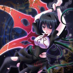 Rule 34 | 1girl, alternate wings, arms up, black hair, breasts, chain, covered navel, cuffs, houjuu nue, large breasts, loussier666, magic circle, open mouth, pantyhose, plant, red eyes, ribbon, short hair, solo, torn clothes, torn pantyhose, touhou, vines, wings