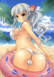 Rule 34 | 1girl, :o, arched back, ass, bare shoulders, beach, bikini, blush, bracelet, breasts, brown eyes, cameltoe, cloud, day, flower, hair flower, hair ornament, hibiscus, highres, hotei kazuha, idolmaster, idolmaster (classic), innertube, jewelry, large breasts, long hair, looking back, outdoors, palm tree, pink flower, pink rose, rose, scan, shijou takane, shiny skin, side-tie bikini bottom, silver hair, skindentation, sky, solo, swim ring, swimsuit, taut clothes, taut swimsuit, thigh gap, tree, trefoil, twintails, underboob, white bikini