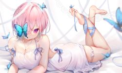 Rule 34 | 1girl, anklet, bare arms, bare legs, bare shoulders, barefoot, blue butterfly, blue ribbon, breasts, bug, butterfly, dress, fate/grand order, fate (series), feet, full body, hair over one eye, highres, insect, jewelry, large breasts, leg ribbon, looking at viewer, lying, mash kyrielight, moriyama meiko, on bed, on stomach, parted lips, pink hair, purple eyes, ribbon, short hair, sleeveless, sleeveless dress, soles, solo, strap slip, the pose, thigh strap, toes, white dress