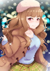 Rule 34 | 10s, 1girl, blurry, blush, bokeh, brown hair, depth of field, eyebrows, hat, highres, idolmaster, idolmaster cinderella girls, idolmaster cinderella girls starlight stage, jewelry, kamiya nao, kanraku, long hair, looking at viewer, necklace, plaid, plaid skirt, red eyes, shirt tug, skirt, solo focus, winter clothes
