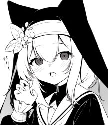 Rule 34 | 1girl, absurdres, animal ear headwear, aoitsuki, black eyes, black headwear, blue archive, blush, claw pose, commentary request, double-parted bangs, fake animal ears, greyscale, hair between eyes, hand up, highres, long sleeves, looking at viewer, mari (blue archive), monochrome, open mouth, sailor collar, simple background, solo, turtleneck, upper body, veil, white background, white sailor collar