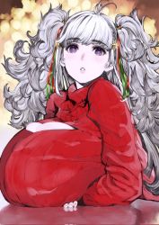 Rule 34 | 1girl, arm under breasts, blunt bangs, blurry, breast rest, breasts, bursting breasts, cleavage, cleavage cutout, clothing cutout, depth of field, hair ribbon, highres, houden eizou, huge breasts, long hair, messy hair, original, purple eyes, red sweater, ribbon, silver hair, solo, sweater, twintails, upper body, very long hair, wavy hair