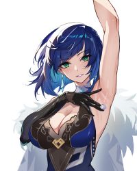 Rule 34 | 1girl, absurdres, arm up, armpits, black gloves, blue dress, blue hair, breasts, diagonal bangs, dress, earrings, elbow gloves, feather-trimmed jacket, genshin impact, gloves, green eyes, highres, holding dice, jacket, jacket on shoulders, jewelry, large breasts, looking at viewer, mole, mole on breast, multicolored hair, paradox (parapa), parted lips, presenting armpit, short hair, single elbow glove, sleeveless, sleeveless dress, smile, solo, sweat, two-tone hair, upper body, white background, white jacket, yelan (genshin impact)