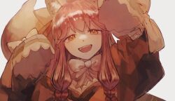 Rule 34 | 1girl, animal ear fluff, animal ears, fate/samurai remnant, fate (series), fox ears, fox tail, geshi (ey1 n8), japanese clothes, kimono, long hair, looking at viewer, open mouth, pink hair, simple background, sketch, sleeves past fingers, sleeves past wrists, smile, solo, tail, tamamo (fate), tamamo aria (fate), upper body, wide sleeves, yellow eyes, yellow kimono