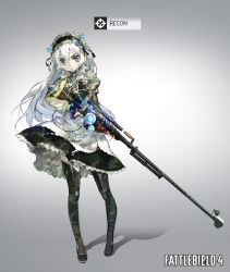 Rule 34 | 1girl, adapted costume, battlefield (series), battlefield 4, black gloves, boots, brand name imitation, camouflage, camouflage legwear, chaika trabant, dress, english text, engrish text, fingerless gloves, frown, full body, gloves, gun, hair ornament, hairband, highres, hitsugi no chaika, holding, lolita hairband, long hair, looking at viewer, namaniku atk, parody, puffy sleeves, purple eyes, ranguage, rifle, silhouette, silver hair, sniper rifle, solo, standing, thigh boots, thighhighs, weapon, woodland camouflage