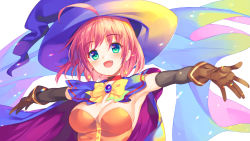 Rule 34 | 1girl, :d, ahoge, alice wishheart, armpits, blue cape, blue eyes, blue hat, bow, bowtie, breasts, brooch, brown gloves, bucchake (asami), cape, choker, earrings, fang, gloves, green eyes, hat, jewelry, looking at viewer, magical halloween, medium breasts, multicolored cape, multicolored clothes, multicolored eyes, open mouth, outstretched arms, pink hair, red bow, red bowtie, short hair, smile, solo, spread arms, star (symbol), star earrings, upper body, witch hat, yellow bow
