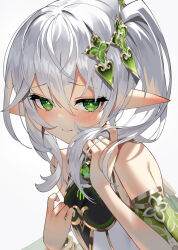 Rule 34 | 1girl, bare shoulders, blush, closed mouth, commentary request, genshin impact, gradient background, green eyes, grey background, grey hair, hair ornament, long hair, looking at viewer, nahida (genshin impact), pointy ears, scottie (phantom2), side ponytail, solo, upper body