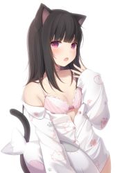 Rule 34 | 1girl, :o, amashiro natsuki, animal ears, animal print, bad id, bad twitter id, blush, bow, bow bra, bra, breasts, brown hair, carrying, carrying under arm, cat ears, cat girl, cat print, cat tail, choker, cleavage, collarbone, commentary, dress shirt, fingernails, hand up, heart, heart choker, highres, long hair, long sleeves, looking at viewer, nail polish, off shoulder, open mouth, original, pajamas, paw print, pink bra, pink nails, print shirt, purple eyes, romaji commentary, shirt, simple background, sleeves past wrists, small breasts, solo, stuffed animal, stuffed fish, stuffed toy, tail, tail raised, tears, underwear, white background, white choker, white pajamas, white shirt, yawning