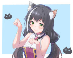 Rule 34 | 1girl, animal ear fluff, animal ears, blue background, blush, cat ears, cat girl, closed mouth, fang, green eyes, karyl (princess connect!), long hair, looking at viewer, low twintails, multicolored hair, outside border, paw pose, princess connect!, shimon (31426784), simple background, sleeveless, solo, streaked hair, twintails, two-tone background, upper body, white background, white hair