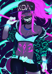 Rule 34 | 1girl, akali, bare shoulders, baseball cap, belt, breasts, cleavage, eyelashes, half-closed eyes, hat, holding, jacket, k/da (league of legends), k/da akali, league of legends, long hair, looking at viewer, march ab, mask, midriff, navel, neon lights, off shoulder, official alternate costume, ponytail, solo, yellow eyes