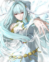 Rule 34 | 1girl, aqua dress, aqua hair, aqua sleeves, arm up, asymmetrical sleeves, bare shoulders, blue sleeves, breasts, closed mouth, dancing, delsaber, detached sleeves, dress, fire emblem, fire emblem: the blazing blade, hair ornament, high collar, highres, jewelry, long hair, looking down, mismatched sleeves, ninian (fire emblem), nintendo, open hands, red eyes, sleeveless, sleeveless dress, small breasts, solo, sparkle, water