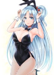Rule 34 | 1girl, animal ears, bare shoulders, black bow, black bowtie, black footwear, black pantyhose, blue eyes, blue hair, bow, bowtie, breasts, cleavage, collarbone, covered navel, detached collar, fake animal ears, fishnet pantyhose, fishnets, hands up, high heels, large breasts, leotard, long hair, looking at viewer, nail polish, pantyhose, playboy bunny, rabbit ears, rabbit tail, red nails, shinki (touhou), shoes, simple background, smile, solo, tail, touhou, touhou (pc-98), white background, wrist cuffs, y2