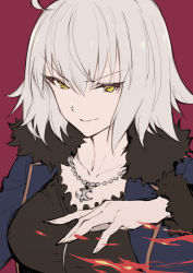Rule 34 | 1girl, black dress, blue coat, breasts, cleavage, coat, collarbone, dress, fate/grand order, fate (series), fire, fur-trimmed coat, fur trim, haoni, jeanne d&#039;arc (fate), jeanne d&#039;arc alter (fate), jeanne d&#039;arc alter (ver. shinjuku 1999) (fate), jewelry, large breasts, long sleeves, looking at viewer, necklace, official alternate costume, open clothes, open coat, parted lips, short hair, silver hair, smile, solo, wicked dragon witch ver. shinjuku 1999, yellow eyes