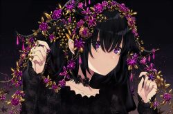 Rule 34 | 1girl, achiki, black background, black dress, black hair, blush, brown background, collarbone, commentary request, dress, fingernails, flower, gradient background, hair between eyes, hair ornament, hands up, long hair, long sleeves, original, parted lips, purple eyes, purple flower, purple rose, rose, sleeves past wrists, solo, upper body
