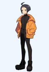Rule 34 | 1boy, ahoge, alternate costume, black footwear, black hair, black pants, black shirt, boots, cheren (pokemon), closed mouth, collared shirt, creatures (company), eneko (olavcnkrpucl16a), full body, game freak, hands in pockets, highres, jacket, male focus, nintendo, open clothes, open jacket, orange jacket, pants, pokemon, pokemon bw, shirt, short hair, simple background, solo, standing, white background